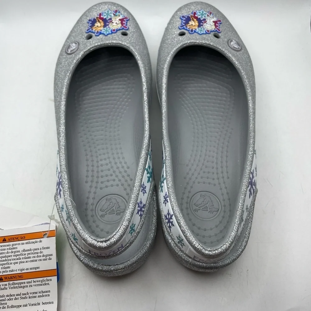 NEW! Crocs X Disney Frozen Genna II girls silver sparkly flats size 5Y